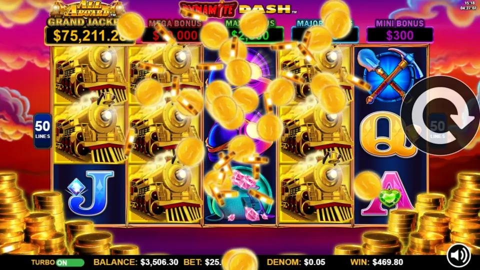 Grand Jackpot condition on All Aboard pokie with a nearly full grid of Coin and Train symbols