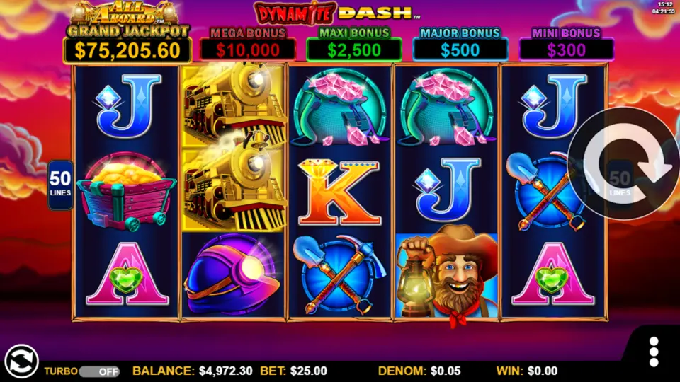 All Aboard pokie reel grid showing Mine, Gold Cart and Train symbols in the mining camp theme